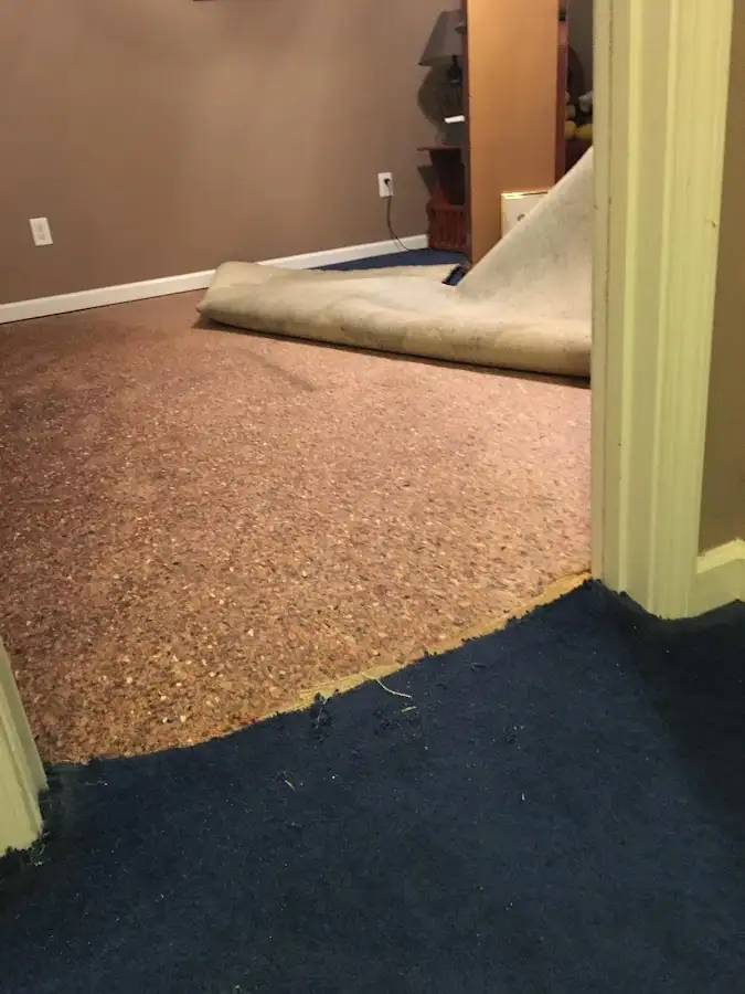 Carpet pad removal revealing water damage during Water Mitigation Services in Kenner
